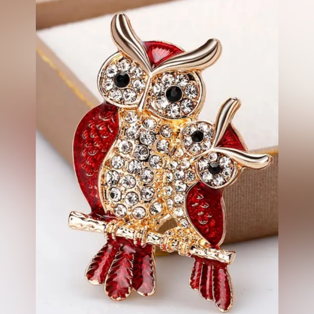 New Regency Elegant Red and Gold Owl Brooch Christmas Holiday Party(#300)